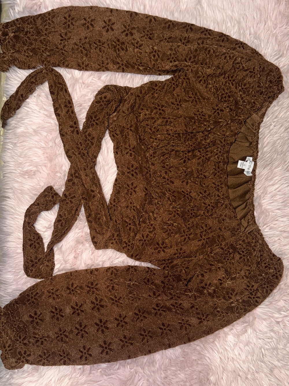 Women's Brown Lace Long-Sleeve Tie-Waist Blouse